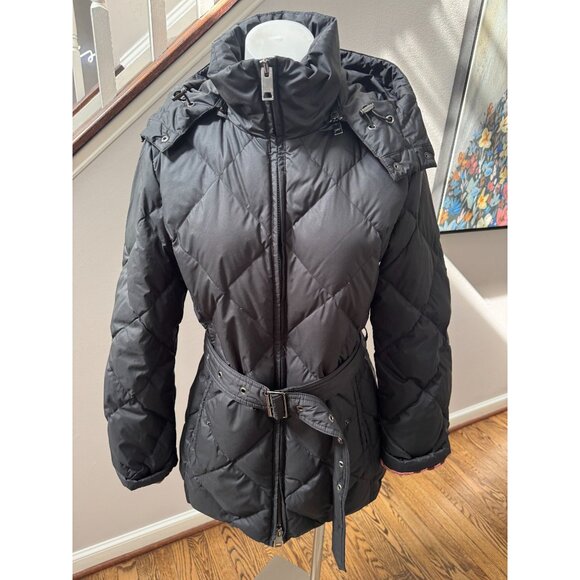 Burberry London Black Diamond Quilt Hooded Down Puffer Jacket Check Lining Small - Picture 1 of 8